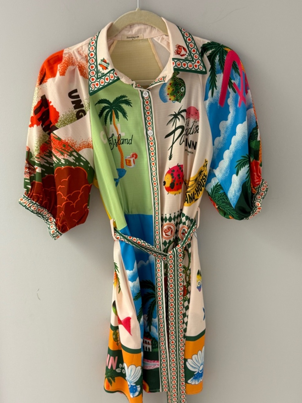 sundays Multicolor Tropical Button-Front Midi Dress with Tie Belt